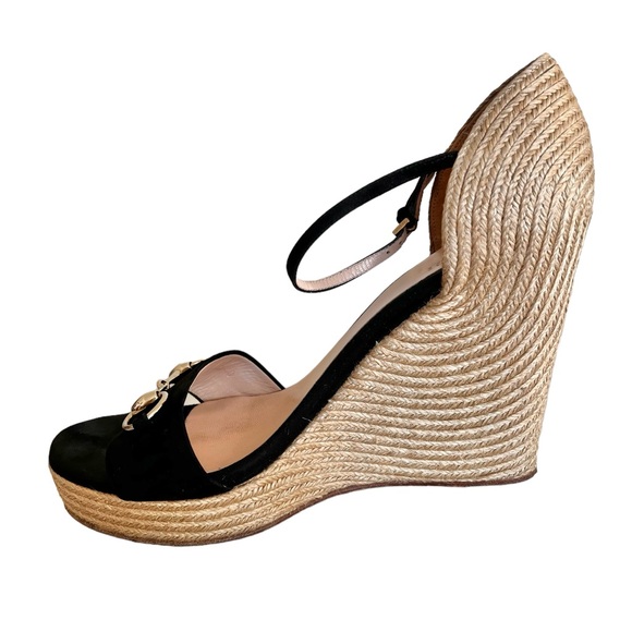 Gucci Horsebit  Suede Wedge Espadrille Platform Wedge Black Suede Sandals S 40 - Picture 5 of 10